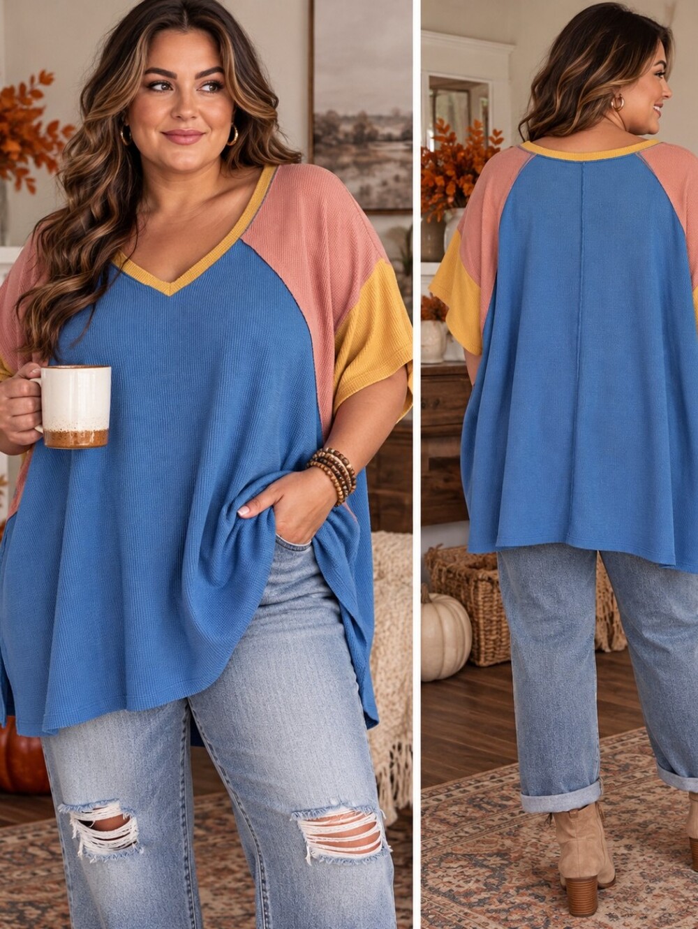 Umgee Oversized Color Block Waffle Knit Tunic Top XL Pockets Boho Casual